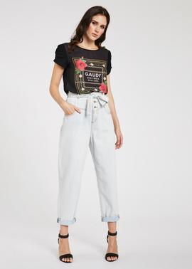 CAMISETA ROSAS CON MANGA FRUNCIDA NEGRA