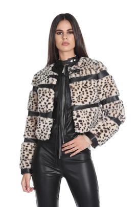 CHAQUETA CORTA KLOVES DE ECOPIEL CON FLECOS LEOPAR