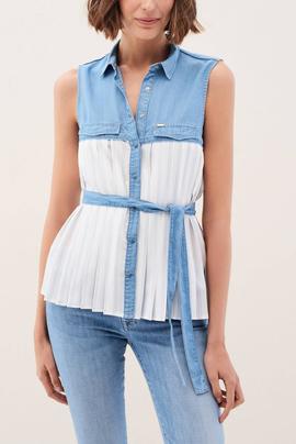 TOP CON MEZCLA DE DENIM REGULAR FIT BLANCO