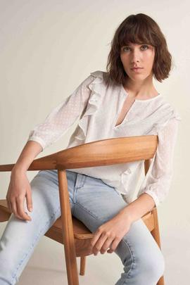 CAMISETA BIMATERIA CON VOLANTES BEIGE