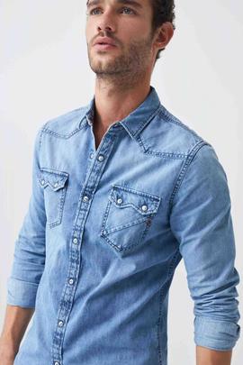 CAMISA VAQUERA SLIM FIT EN DENIM S-REPEL AZUL CLARO