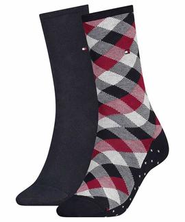 TH WOMEN SOCK 2 PACK SEASONAL CHECK 2 NAVY RED