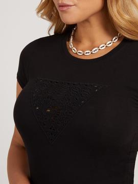 SHORT SLEEVE EYELET FLORAL LOGO JET BLACK