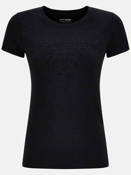 SHORT SLEEVE EYELET FLORAL LOGO JET BLACK