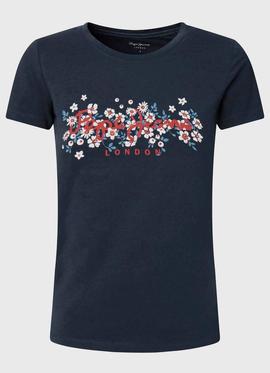 CAMISETA LOGO Y FLORES BEGO AZUL MARINO