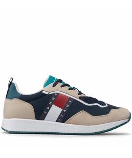 ZAPATILLAS DEPORTIVAS CON SUELA DENTADA BEIGE Y AZUL MARINO