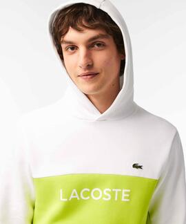 SUDADERA LACOSTE REGULAR FIT COLOR BLOCK BLANCO Y VERDE LIMA