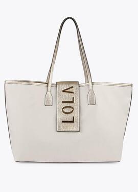 BOLSO SHOPPER BEIGE CON LOGO METALIZADO DORADO