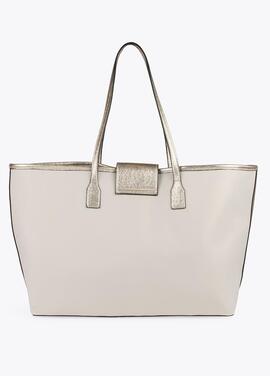 BOLSO SHOPPER BEIGE CON LOGO METALIZADO DORADO