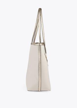 BOLSO SHOPPER BEIGE CON LOGO METALIZADO DORADO