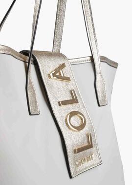 BOLSO SHOPPER BEIGE CON LOGO METALIZADO DORADO