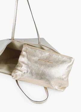 BOLSO SHOPPER BEIGE CON LOGO METALIZADO DORADO