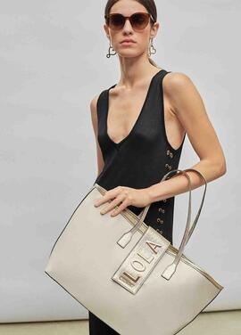 BOLSO SHOPPER BEIGE CON LOGO METALIZADO DORADO