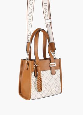 BOLSO BANDOLERA BEIGE Y MARRÓN CON MONOGRAMA DE STRASS