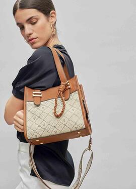 BOLSO BANDOLERA BEIGE Y MARRÓN CON MONOGRAMA DE STRASS