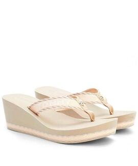 CHANCLAS DE CUÑA ALTA BEIGE CON LOGO