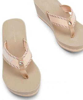 CHANCLAS DE CUÑA ALTA BEIGE CON LOGO