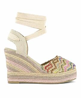 SANDALIA DE CUÑA RAFIA BEIGE MULTICOLOR