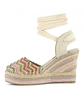 SANDALIA DE CUÑA RAFIA BEIGE MULTICOLOR