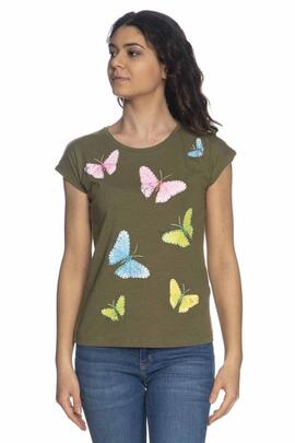 CAMISETA DE MUJER MARIPOSAS VERDE CAQUI