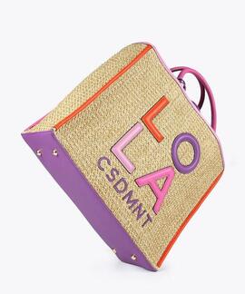 BOLSO EFECTO RAFIA CON RIBETES Y TEXTO EN ECOPIEL MULTICOLOR