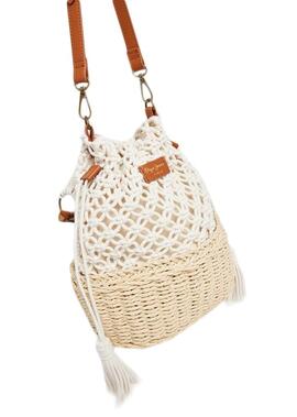 BOLSO SIENYA SOLEIL DE RAFIA BEIGE Y PUNTO COLOR CRUDO