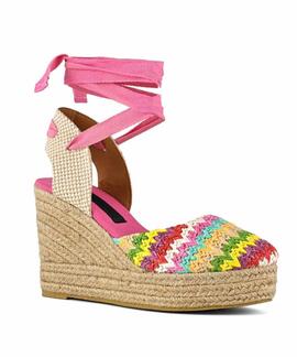 SANDALIA DE CUÑA RAFIA FUCSIA MULTICOLOR