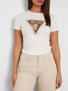 CAMISETA ELÁSTICA LEO CON LOGO TRIANGULO STRASS COLOR CRUDO