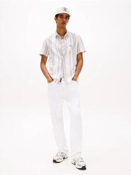 CAMISA MANGA CORTA TEXTURIZADA CRUDO CON RAYAS MULTICOLOR