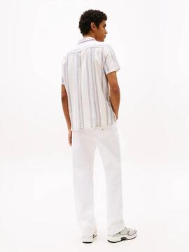 CAMISA MANGA CORTA TEXTURIZADA CRUDO CON RAYAS MULTICOLOR