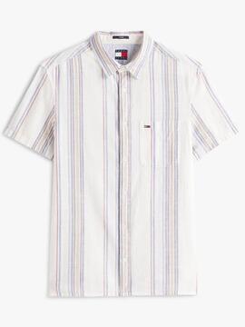 CAMISA MANGA CORTA TEXTURIZADA CRUDO CON RAYAS MULTICOLOR