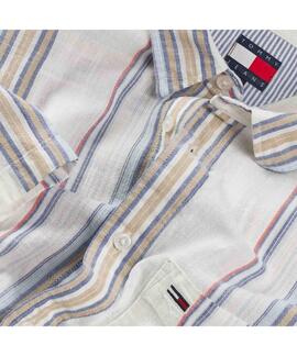 CAMISA MANGA CORTA TEXTURIZADA CRUDO CON RAYAS MULTICOLOR
