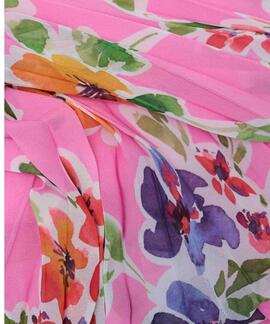 VESTIDO PLISADO DE TALLE ALTO CON CINTURÓN ROSA FLORAL