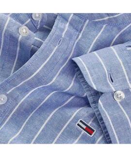 CAMISA DE LINO CUELLO MAO REGULAR FIT RAYAS AZULES