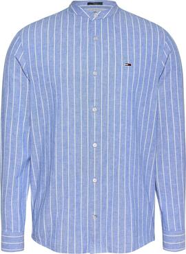 CAMISA DE LINO CUELLO MAO REGULAR FIT RAYAS AZULES