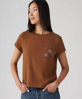 CAMISETA MARGOT CON BOLSO BORDADO FLORAL MARRÓN