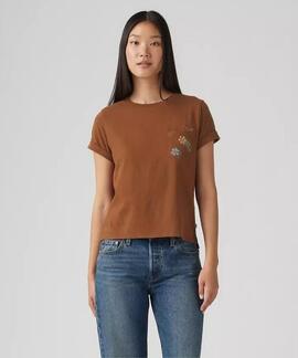 CAMISETA MARGOT CON BOLSO BORDADO FLORAL MARRÓN