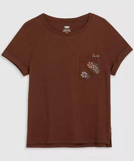 CAMISETA MARGOT CON BOLSO BORDADO FLORAL MARRÓN
