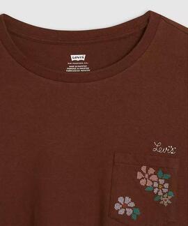 CAMISETA MARGOT CON BOLSO BORDADO FLORAL MARRÓN