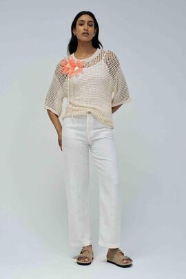 JERSEY TÚNICA PUNTO DE GANCHILLO COLOR CRUDO CON ADORNO FLOR