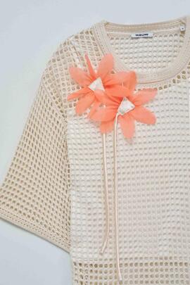 JERSEY TÚNICA PUNTO DE GANCHILLO COLOR CRUDO CON ADORNO FLOR