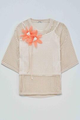 JERSEY TÚNICA PUNTO DE GANCHILLO COLOR CRUDO CON ADORNO FLOR