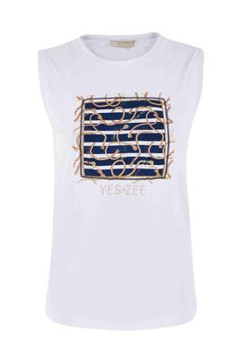 CAMISETA SIN MANGAS DE MUJER BLANCA CON ESTAMPADO MARINERO