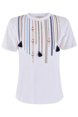 CAMISETA DE MUJER BLANCA CON BORLAS Y ESTAMPADO MA