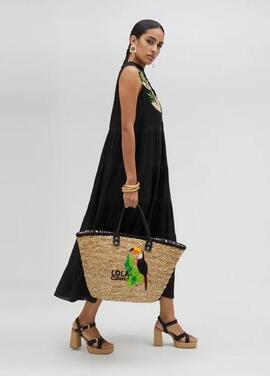 KURTA LARGA NEGRO CON TIRANTES Y BORDADOS MULTICOLOR
