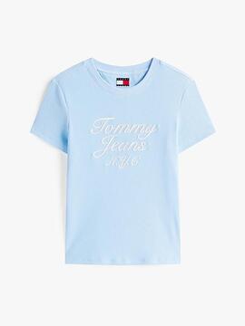 CAMISETA SLIM FIT PUNTO GOFRADO CELESTE CON BORDADO FRONTAL