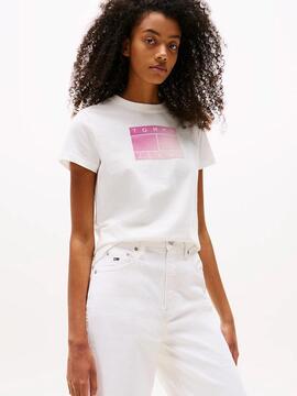 CAMISETA REGULAR FIT CREMA CON LOGO FLOCADO FRONTAL ROSA DEG