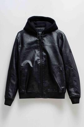 CAZADORA BOMBER DE ECOPIEL NEGRA CON CAPUCHA DESMONTABLE