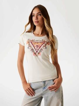 CAMISETA SLIM FIT CON LOGOTIPO TRIANGULO FLORAL BEIGE