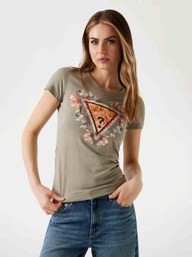 CAMISETA SLIM FIT CON LOGOTIPO TRIANGULO FLORAL VERDE CAQUI